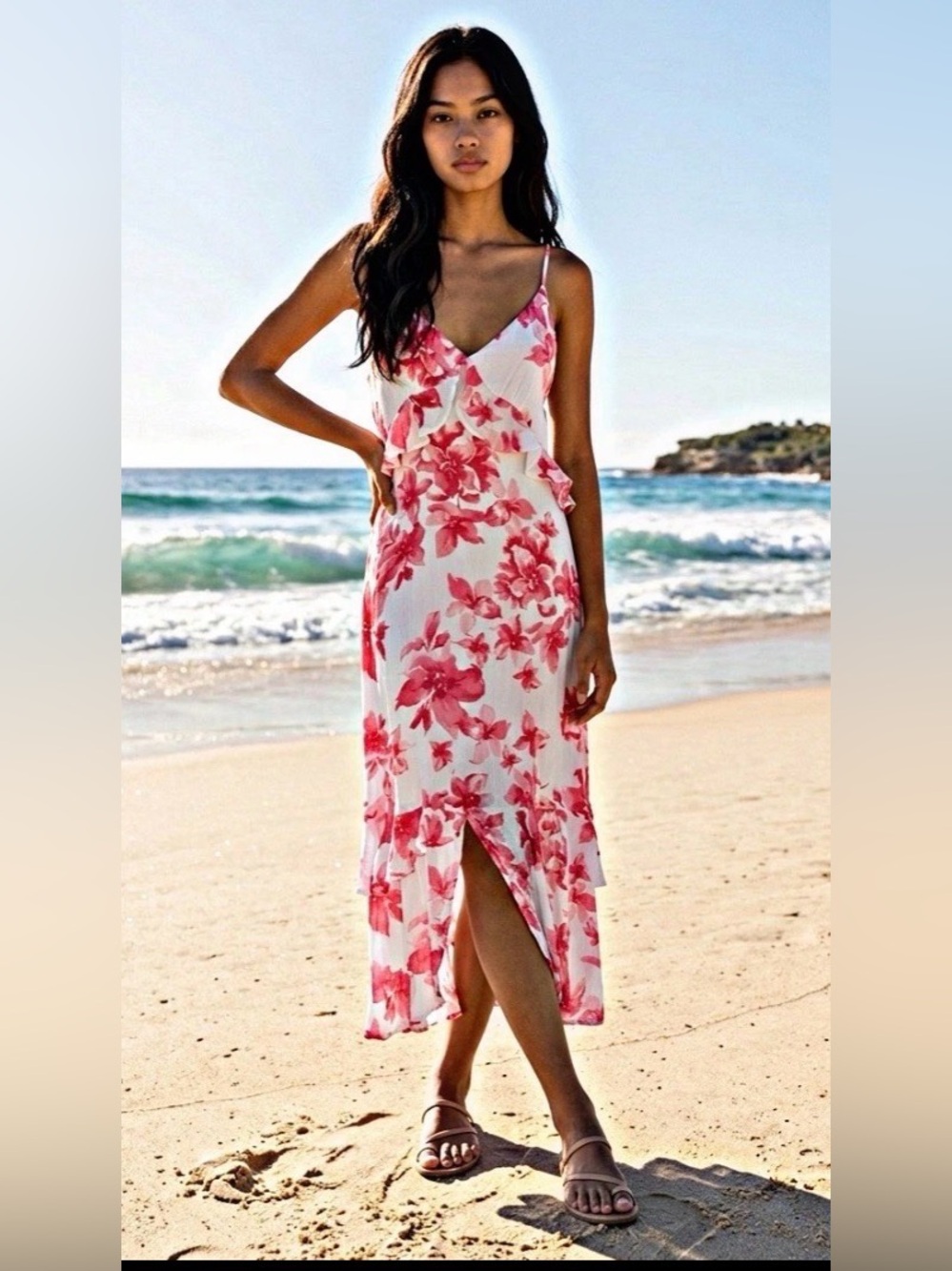 New White Maxi Dress with Pink Floral Print — Spaghetti Strap Summer Dress